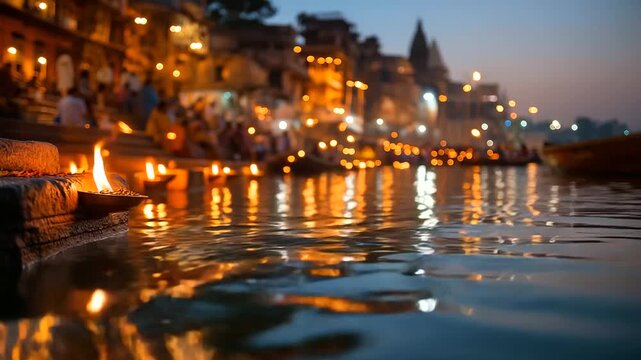 Ganga Aarti at Varanasi ghats, lamps reflected on water, golden dusk, India, Varanasi, Ganges, aarti, spirituality, ritual, river, pilgrimage, culture, with copy space