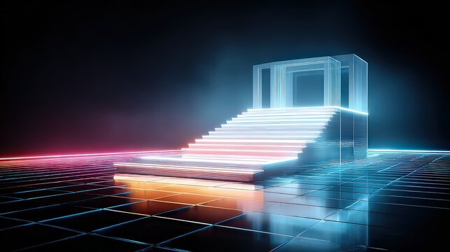 Abstract Illuminated Staircase Structure in Cyan Blue and Orange with Dark Background and Pixelated Floor Glowing with a Futuristic Light Effect