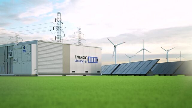 Alternative energy concept with 3d rendering group of energy storage systems or battery container units with various sources of energy 4k footage