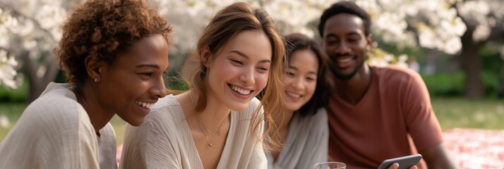 Diverse young adults enjoying outdoor gathering in blossom-filled park