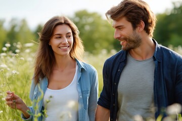 Young caucasian couple smiling and walking in a sunny meadow