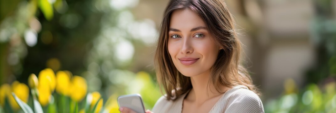 Young caucasian female smiling outdoors with smartphone in floral garden - Powered by Adobe