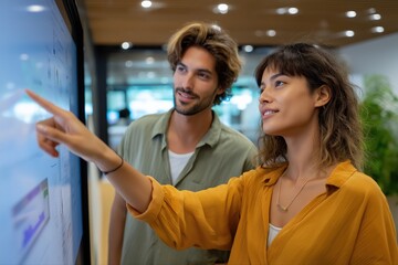 Young adult caucasian professionals discussing project on interactive screen in modern office