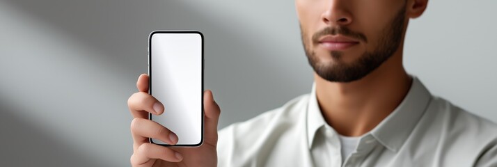 Young hispanic male holding smartphone with blank screen display close-up