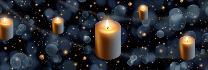 Glowing candles and bokeh lights on a starry night background
