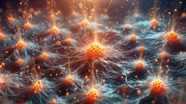 sci fi neural web with glowing micro cell forms pulsing with bright energy in motion
