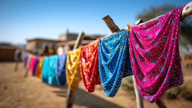 Bandhani tie-dye cloths drying in sun, geometric patterns fluttering, India, Bandhani, textile, craft, Rajasthan, color, tradition, artisan, fashion, with copy space