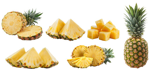 fresh pineapple pieces isolated on white background.