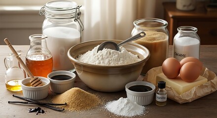 Baking Ingredients Arranged on a Wooden Surface for Cake Making food cooking