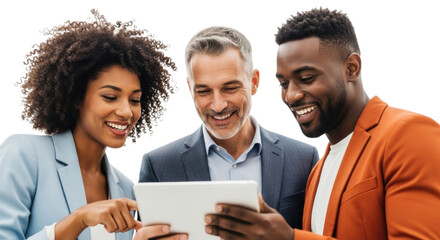 Three diverse professionals collaborating on a tablet transparent background cutout png
