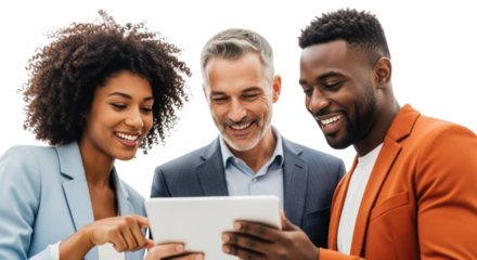 Three diverse professionals collaborating on a tablet transparent background cutout png
