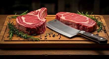 Two premium raw ribeye steaks with a meat cleaver and fresh rosemary on a wooden cutting board