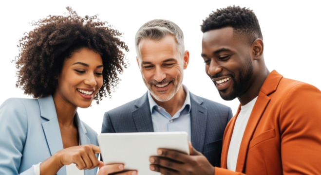 Three diverse professionals collaborating on a tablet transparent background cutout png