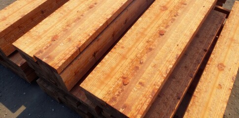 Stacked Lumber with Straight Edges A neat, tightly packed stack of uniform, high quality lumber planks. The edges of each plank should be perfectly straight and parallel, with no warping. Natural