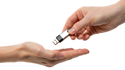 Hand giving a usb flash drive to another hand, isolated on transparent background