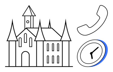 Naklejka premium Outline of a medieval castle alongside a vintage telephone handset and clock. Ideal for heritage, communication, history, time management, storytelling, nostalgia, travel themes. Simple flat metaphor