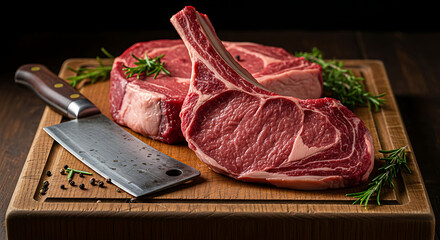 Premium Raw Beef Steaks Tomahawk and Ribeye Cuts, Cleaver, Herbs on Rustic Wooden Board