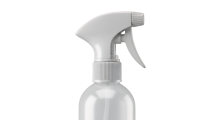 Empty white and clear plastic trigger spray bottle with a fine mist nozzle, an essential container for various liquids, precisely captured and isolated on a clean transparent background