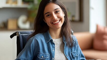 A happy young woman in a wheelchair smiling at the camera. Portrait of a person with a disability living a positive life at home. Inclusion and accessibility concept - Powered by Adobe