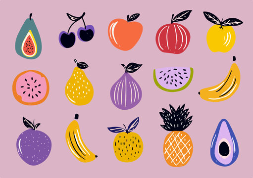 Ilustraci&oacute;n vectorial de frutas dibujadas a mano, coloridas y frescas, perfectas para dise&ntilde;o de alimentos y temas saludables.