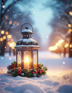 星模様のランタン：雪の日に灯るクリスマスリースと温かいキャンドルの光（縦）