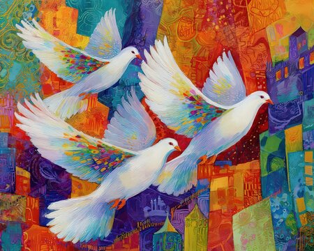 Abstract Painting of Four White Doves Soaring Above Colorful Cityscape with Vibrant Hues and Artistic Splatter Effect