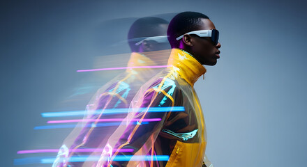 Futuristic fashion forward individual in motion blur, captured with vibrant neon light trails against a muted backdrop