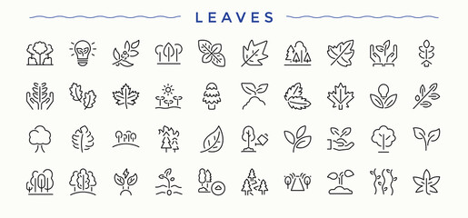 Leaves linear icon collection. Minimal icons set. Leaf modern icon set. Pictograms of ecological, tree, foliage, eco, leaf and more.