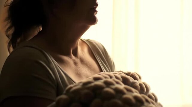 Woman snuggling with blanket in cozy atmosphere, enjoying comfort and home. Relaxation, comfort, woman, blanket, cozy, home, snuggling.