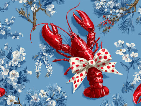 Ilustraci&oacute;n vectorial de una langosta roja con un lazo y flores blancas sobre un fondo azul, ideal para dise&ntilde;o textil y decoraci&oacute;n.