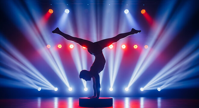 Dynamic acrobatic performance showcasing incredible balance and strength under vibrant stage spotlights