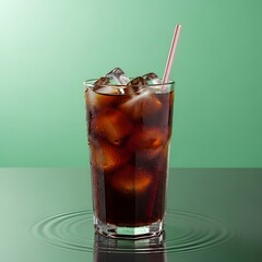A tall glass filled with cold, dark soda and ice cubes, accompanied by a striped straw, set against a soft green background with a subtle ripple effect on the surface