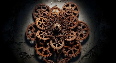 A complex arrangement of interconnected rusty gears and cogs forming a mechanical clockwork structure against a dark textured background