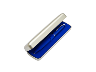 Blue pen in a silver case isolated on transparent background