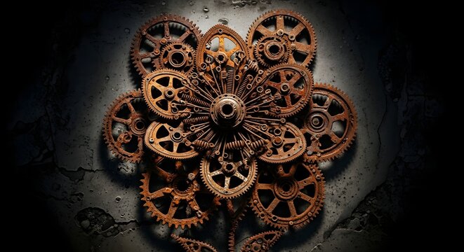 A complex arrangement of interconnected rusty gears and cogs forming a mechanical clockwork structure against a dark textured background - Powered by Adobe