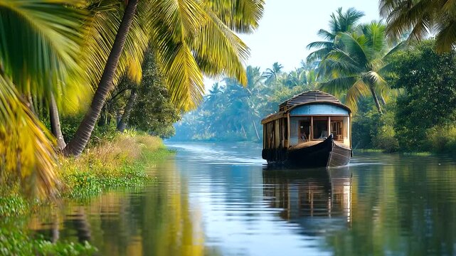 Backwaters houseboat drifting past coconut palms, golden reflection, India, Kerala backwaters, houseboat, lagoon, travel, slow life, tropical, landscape, with copy space