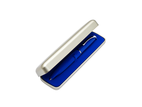 Blue pen in a silver case isolated on transparent background