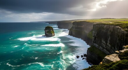 Breathtaking ocean cliffs in Ireland, waves crashing against the rugged coastline under a dramatic sky