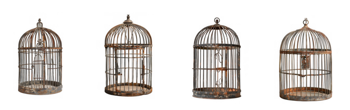 Four ornate, antique bird cages with intricate metalwork, isolated on transparent background