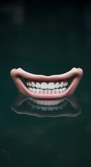 A surreal image of a large, smiling mouth with white teeth and pink gums floating above a dark, reflective surface creating a playful and unusual visual effect