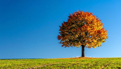 Autumn Tree on a Hill Against a Clear Blue Sky.