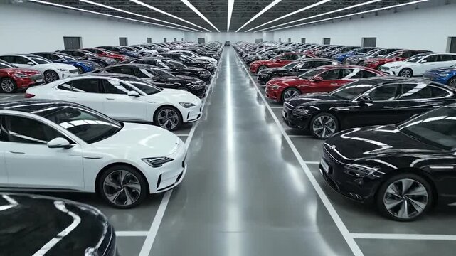 Rows of new cars parked in a brightly lit industrial warehouse