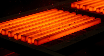 Red-Hot Steel Bars Gleaming in Industrial Forge A Vision of Metalworking Power