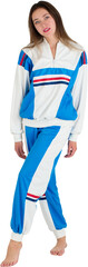 Young woman in a stylish blue, white, and red tracksuit, standing confidently. Ideal for fashion, active lifestyle, or casual wear themes, isolated on a white background.