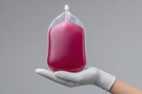 Close-up view of a doctor's hands carefully holding a labeled blood bag in a clinical setting. National Blood Donor Month