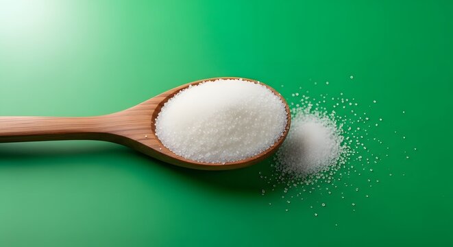 A wooden spoon filled with white granulated sugar resting on a vibrant green surface with some sugar spilled nearby - Powered by Adobe
