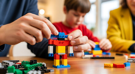 Family Fun Building a Colorful Toy Robot with Interlocking Plastic Bricks at Home