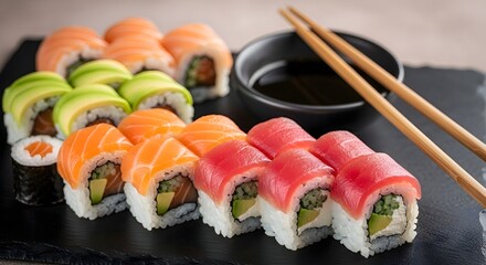 Delicious Sushi Rolls Assortment with Chopsticks and Soy Sauce