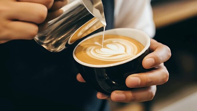 A skilled individual, dressed in a professional apron, meticulously pours steamed milk into a dark ceramic mug, expertly crafting beautiful heart-shaped latte art. This close-up shot highlights the pr