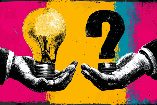 Ilustraci&oacute;n vectorial que representa la toma de decisiones entre una idea brillante y la incertidumbre, simbolizando la innovaci&oacute;n y la estrategia empresarial.